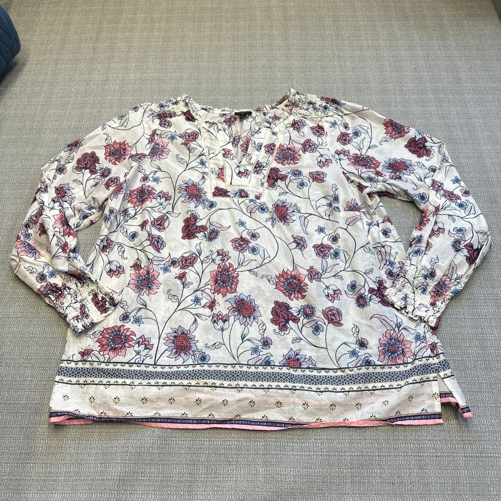 Talbots Plus Size 1X Floral Print Peasant Blouse Top Long Sleeve Boho Split Neck